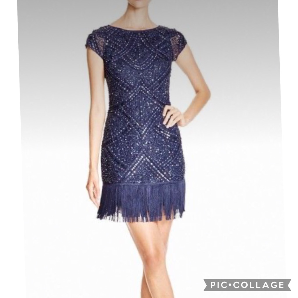 Aidan Mattox Cap Sleeves Embellished Fringes Dress